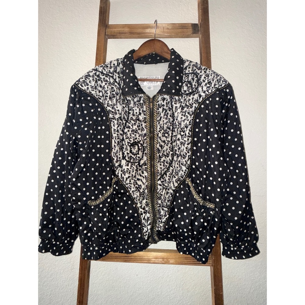 Giacca Sport Vintage Mixed Print Bomber Jacket Polka Dot Gold Trim Black White L